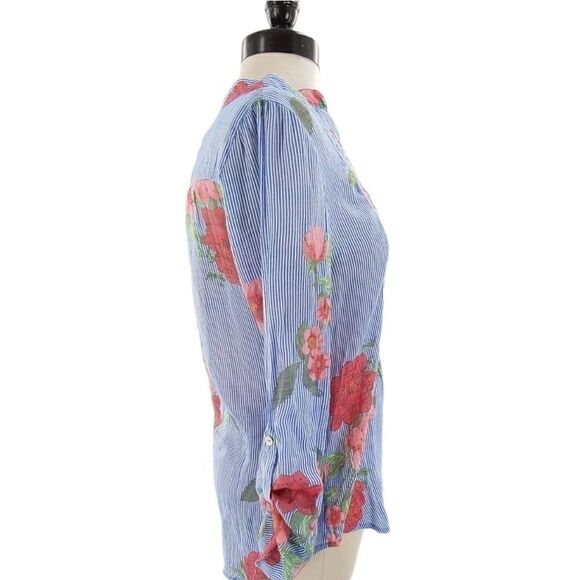 Classic blue pinstripe top with rose pattern - Picture 4 of 10